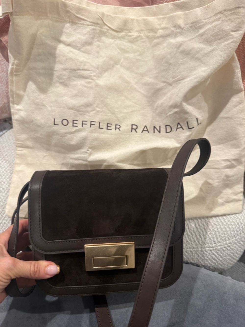 Chocolate Brown Suede Loeffler RandallCrossbody Bag with Gold Hardware - Picture 4 of 5